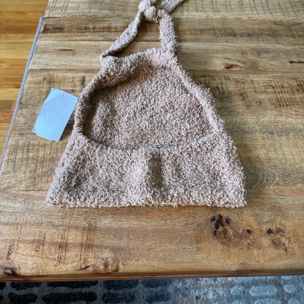 Skims Cozy knit lounge Cozy Sherpa Crop Halter bra Top open back tie NWT